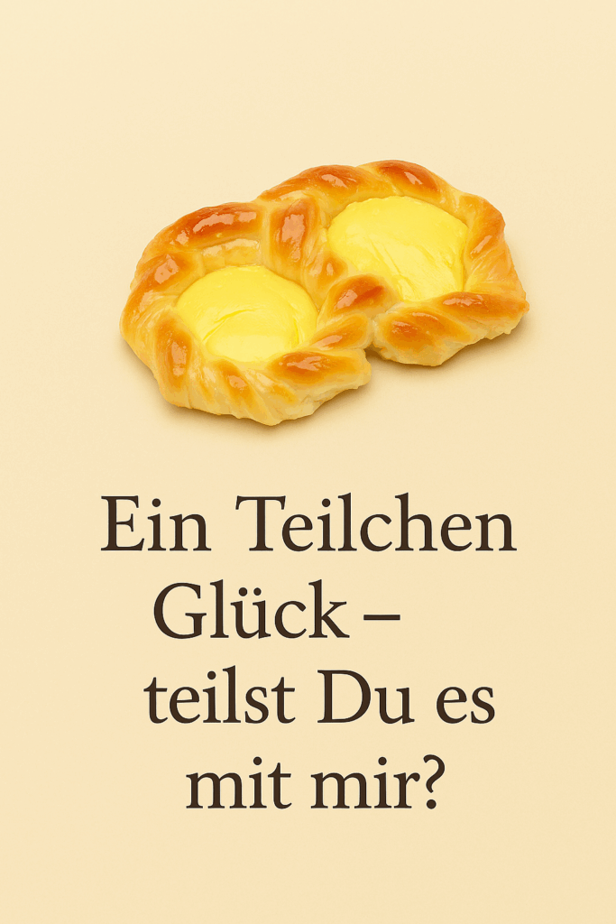 Goldbraun gebackenes Puddingteilchen auf beigem Hintergrund, darunter der klare Schriftzug: „Ein Teilchen Glück – teilst Du es mit mir?“.