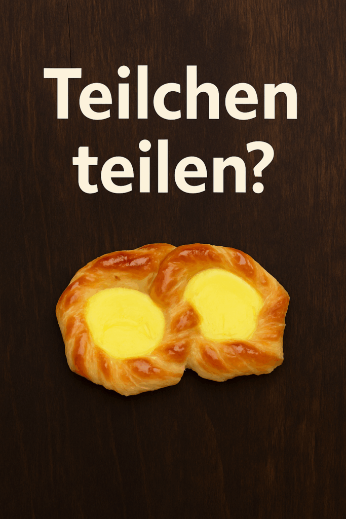 Ein Puddingteilchen auf dunklem Holzhintergrund, darüber in klarer Schrift der Text: „Teilchen teilen?“.