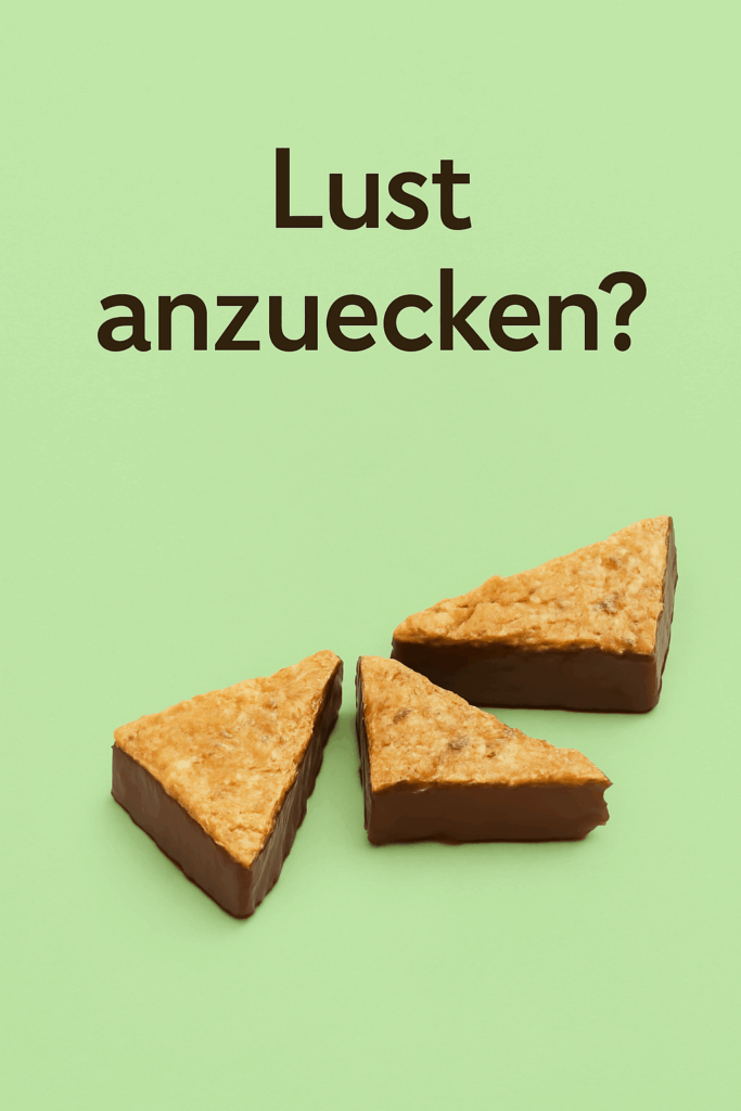 Drei schokolierte Nussecken auf hellgrünem Hintergrund, darüber der dunkelbraune Schriftzug: „Lust anzuecken?“.