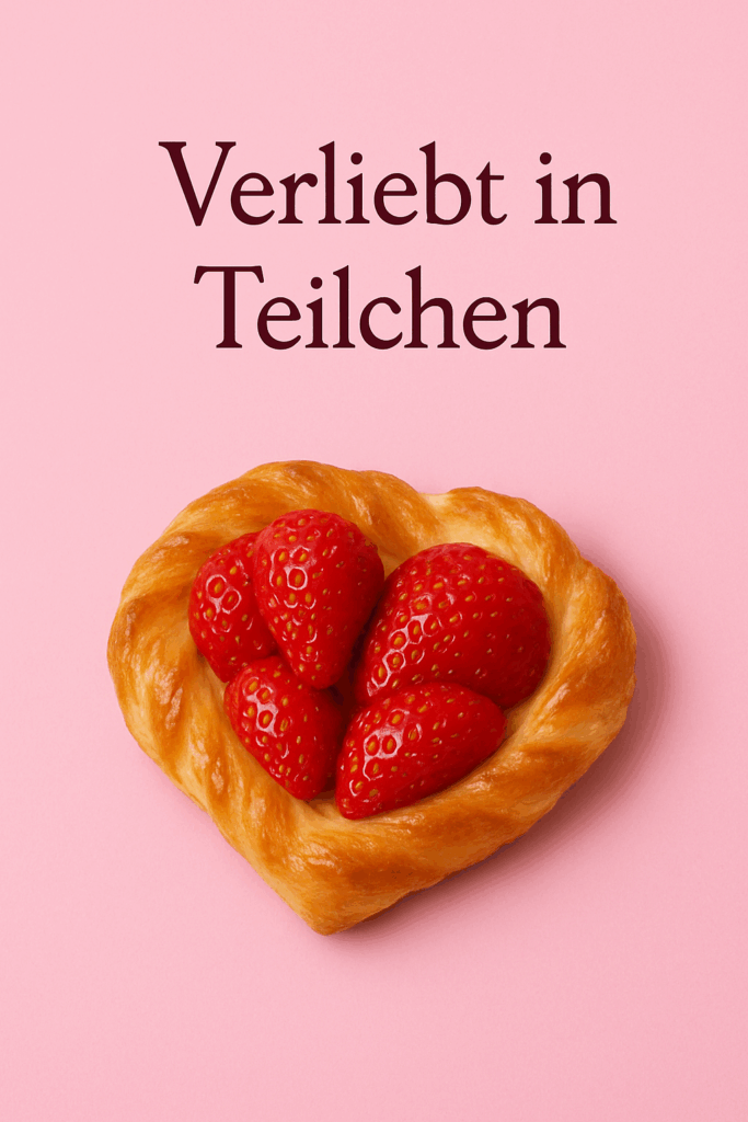 Ein herzförmiges Plundergebäck, gefüllt mit mehreren glänzenden Erdbeeren, liegt auf einem zart rosa Hintergrund. Darüber steht in dunkelroter Schrift: „Verliebt in Teilchen“.