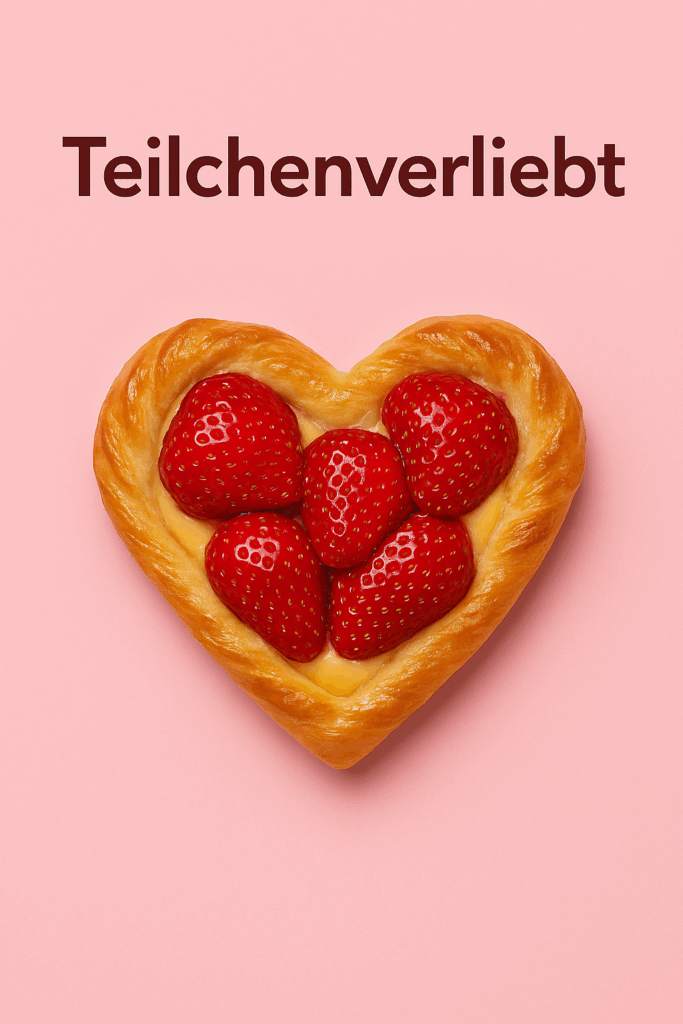 Ein herzförmiges Plundergebäck, gefüllt mit glänzenden Erdbeeren und darunter sichtbarem Vanillepudding, auf zart rosa Hintergrund. Darüber der dunkelrote Schriftzug: „Teilchenverliebt“.