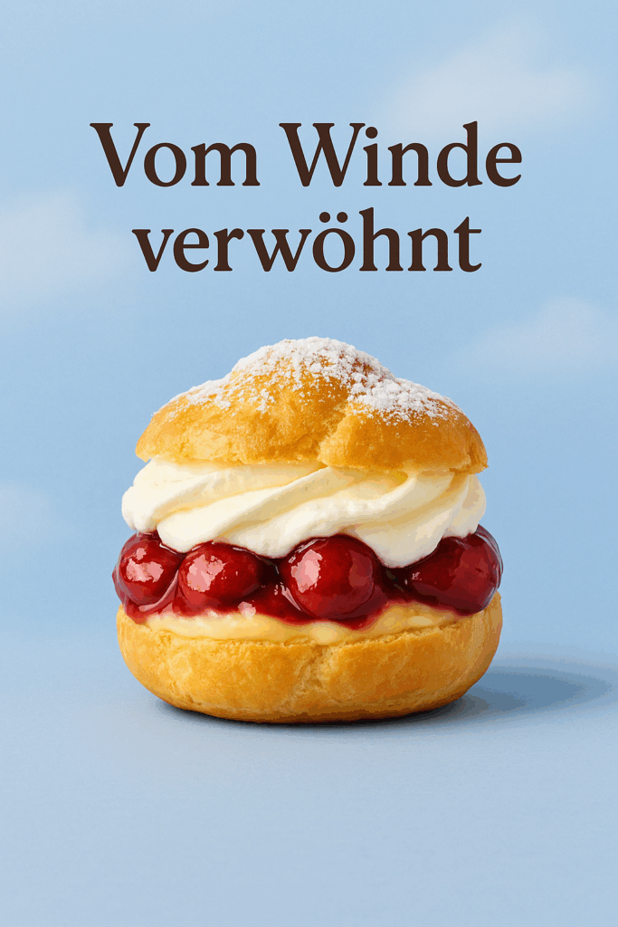 Ein goldbrauner Windbeutel, gefüllt mit einer dünnen Kirschschicht und viel Sahne, bedeckt von einem Teigdeckel mit Puderzucker, vor himmelblauem Hintergrund. Darüber der Schriftzug: „Vom Winde verwöhnt“.