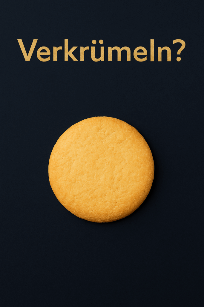 Ein goldgelber Zitronenkeks auf dunkelblauem Hintergrund, darüber der Schriftzug „Verkrümeln?“ in keksfarbener Schrift für humorvolle Kundenansprache für Bäckereien.