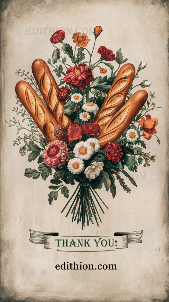 Ein kunstvoll arrangierter Blumenstrauß aus frischen Baguettes und farbenfrohen Blüten, mit dem Schriftzug „Thank You“ und der Website edithion.com.