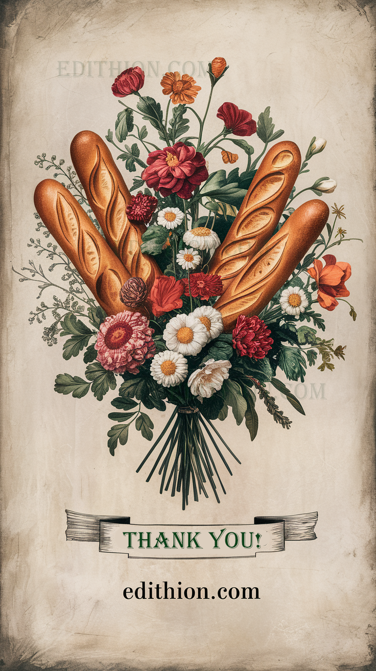 Ein kunstvoll arrangierter Blumenstrauß aus frischen Baguettes und farbenfrohen Blüten, mit dem Schriftzug „Thank You“ und der Website edithion.com.