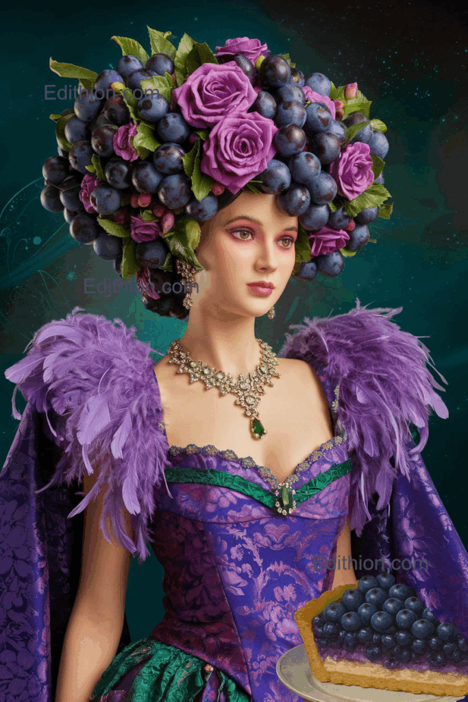 Blaubeerkönigin in violettem Kleid mit opulentem Kopfschmuck aus Beeren und Rosen, serviert Heidelbeerkuchen auf Porzellanteller als digitales Kunstwerk.