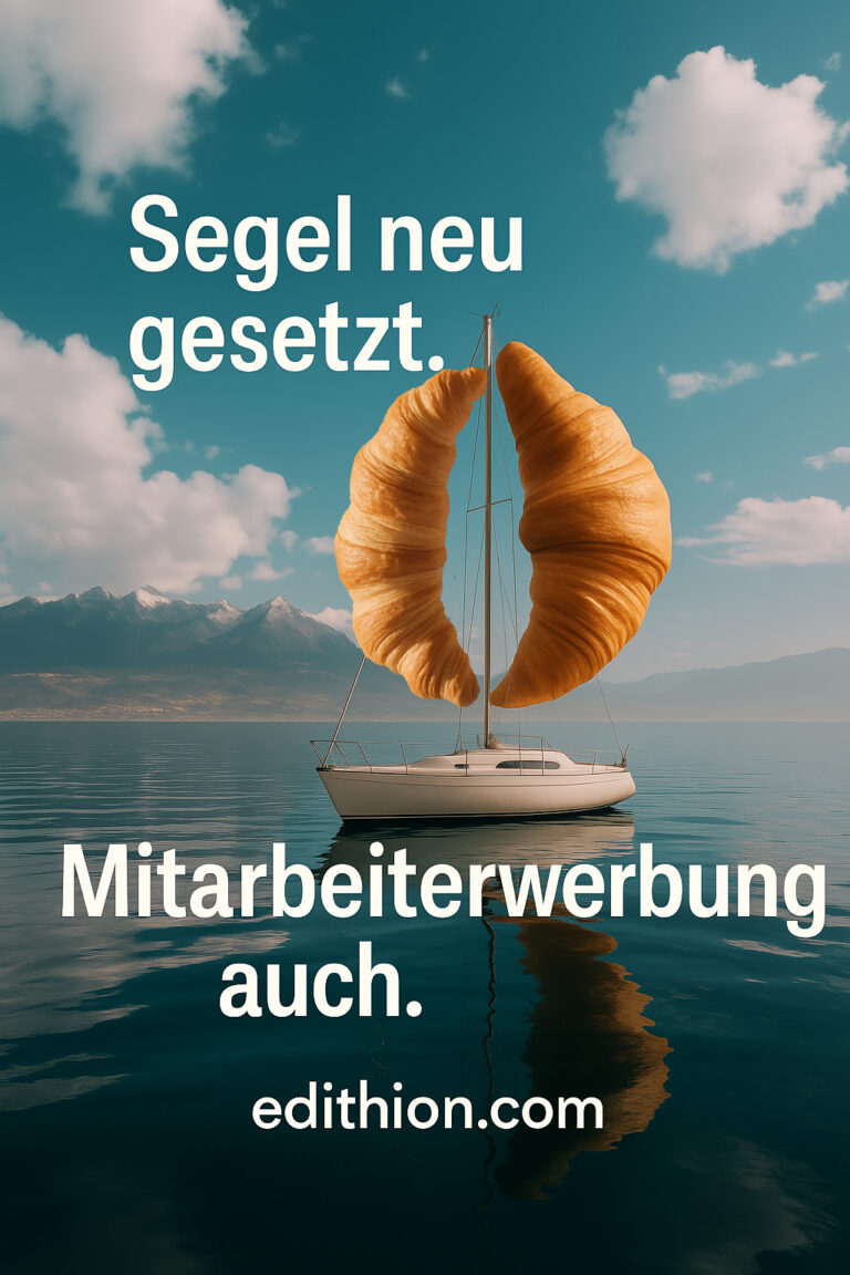 Segelboot mit Croissant als Segel auf offenem Meer – Text: „Segel neu gesetzt. Mitarbeiterwerbung auch. Edithion.com“