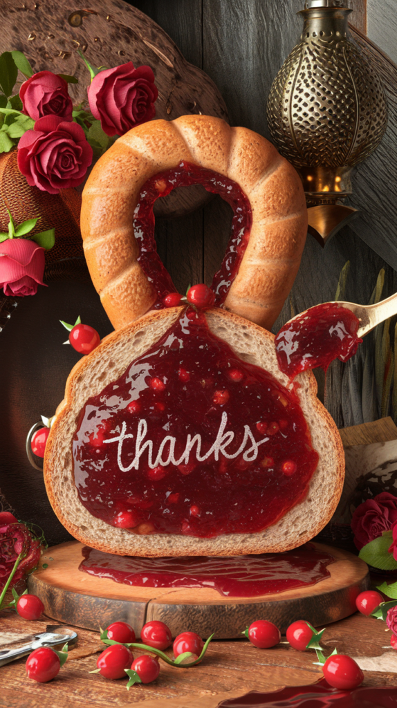 Scheibe Brot mit roter Marmelade, darauf das Wort „thanks“ geschrieben, umgeben von Rosen, Beeren und Back-Elementen – Symbol für Dankbarkeit und Wertschätzung im Handwerk.