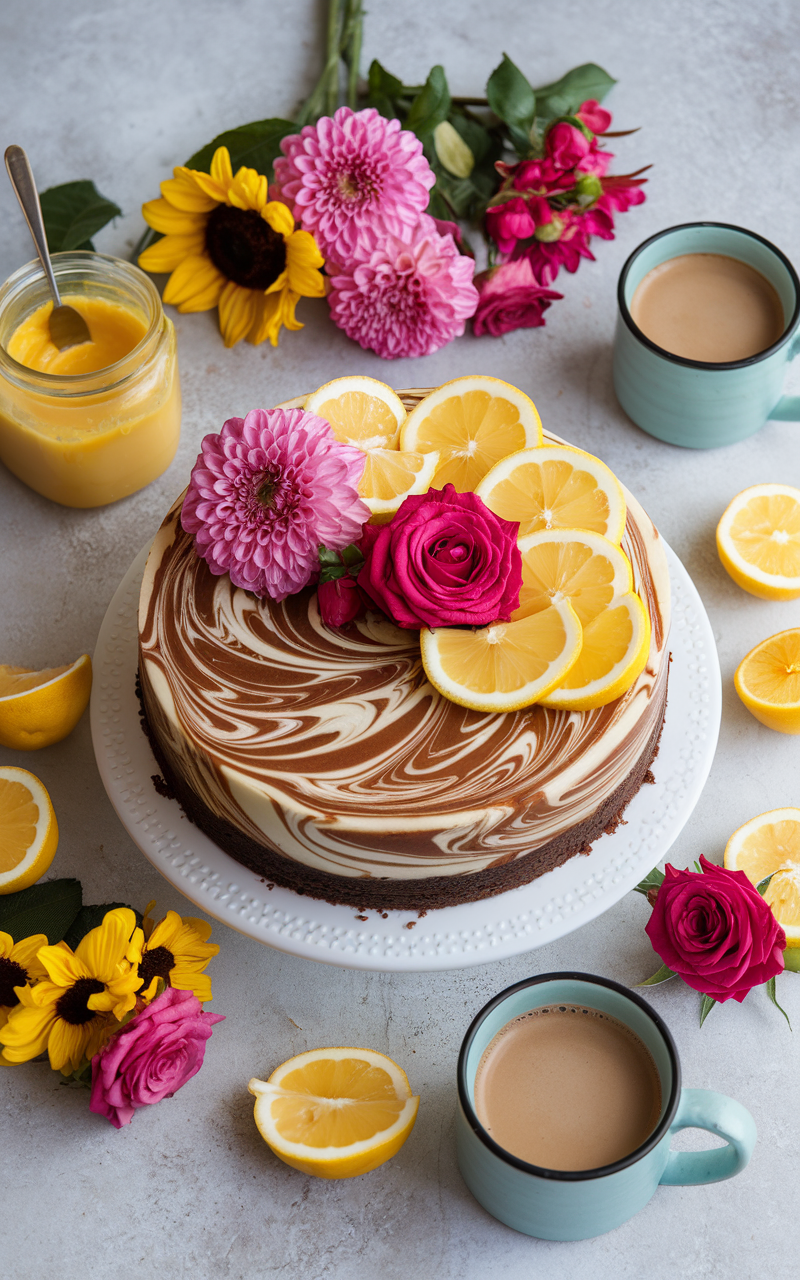 Marmorierter Kuchen mit Zitronenscheiben und Blumen dekoriert, daneben zwei Tassen Kaffee, frische Zitronen und ein Glas Zitronencreme. Es ist ein einladender Moment voller Genuss, Farbe und Gastfreundschaft.