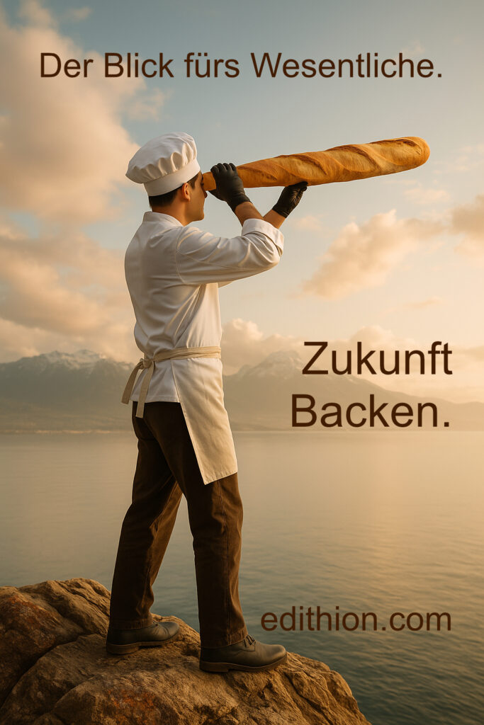 Bäcker mit Baguette-Fernrohr auf Felsvorsprung – Text: „Der Blick fürs Wesentliche. Zukunft Backen. edithion.com“