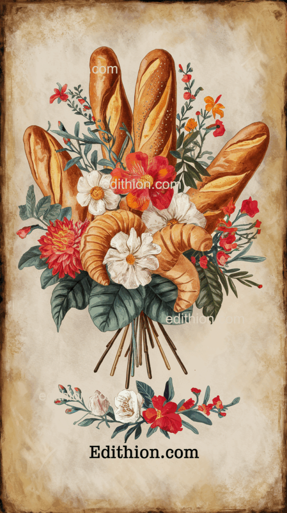 Ein kunstvoll arrangierter Blumenstrauß mit knusprigen Croissants, Baguettes und bunten Blüten, präsentiert auf einer antik anmutenden Hintergrundstruktur mit dem Schriftzug edithion.com.