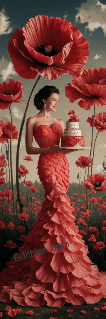 Mohnblumen mit Mohnblumentorte und einer Frau im Mohnblumenkleit