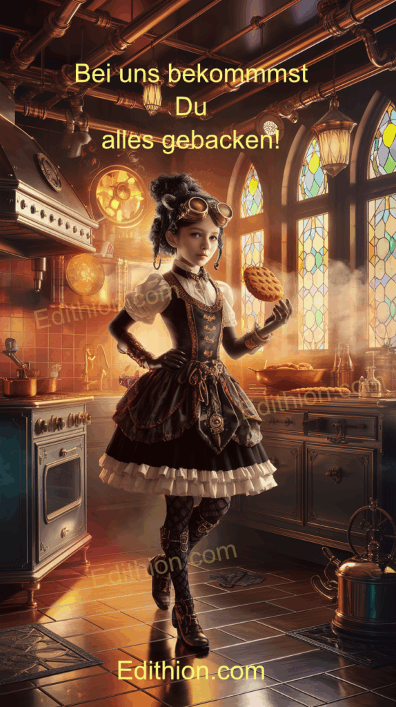 Steampunk-inspirierte junge Frau in der Bäckerei mit nostalgischem Ofen und Kupferrohren, ein Gebäckstück. Text: ‚Bei uns bekommst Du alles gebacken!‘ – edithion.com