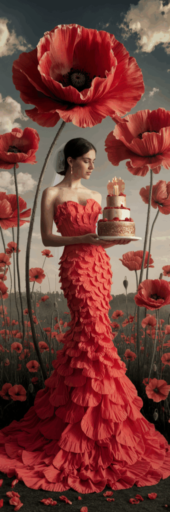 Eine elegante Frau in einem roten Kleid aus mohnblattähnlichen Stofflagen steht in einem Feld riesiger Mohnblumen. Sie hält eine festliche Torte mit brennenden Kerzen.