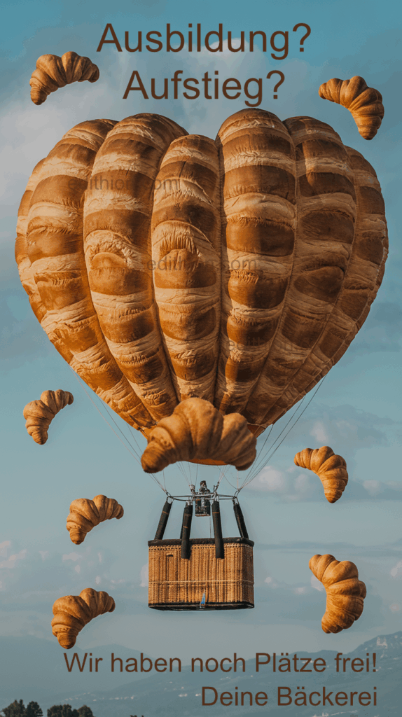 Heißluftballon aus Croissants in Herzform am Himmel – Motiv zur Bäckerei-Ausbildung mit den Worten „Ausbildung? Aufstieg? Wir haben noch Plätze frei! Deine Bäckerei.“