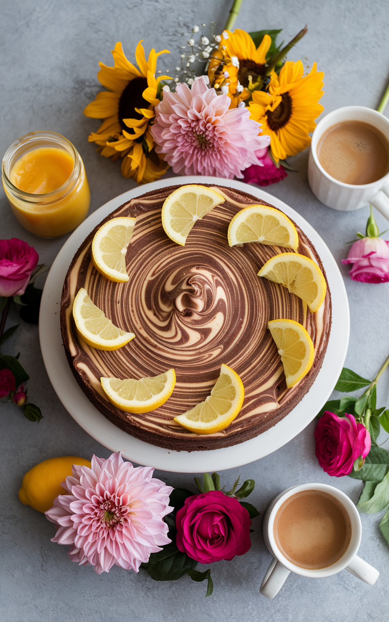 Marmorierter Kuchen mit Zitronenscheiben dekoriert, daneben zwei Tassen Kaffee und Blumen. ein einladender Moment voller Genuss, Farbe und Gastfreundschaft.