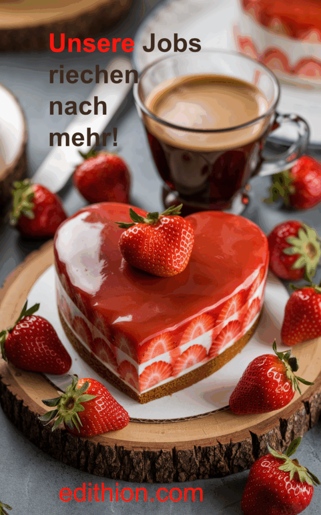 Herzförmige Erdbeertorte auf Holzplatte, daneben frische Erdbeeren und eine Tasse Kaffee. Im Bild: ‚Unsere Jobs riechen nach mehr!‘ – edithion.com