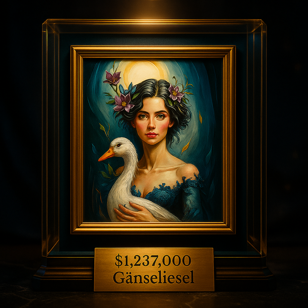 Porträt einer Frau mit Gans, golden gerahmt, luxuriös inszeniert – Kunstwerk von Edithion. Sammlerstück. Preis auf Anfrage.
