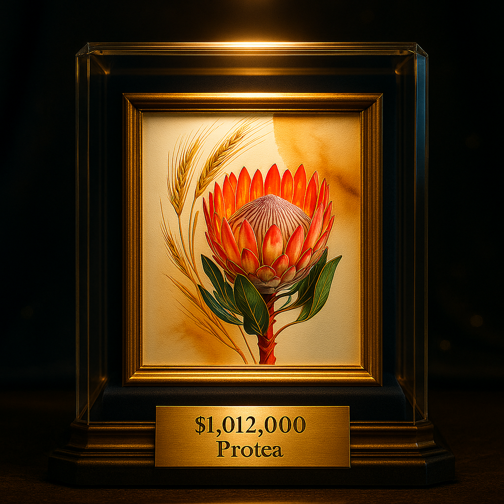 Gerahmte Protea-Blüte mit Weizen – künstlerisches Digitalbild mit Goldveredelung