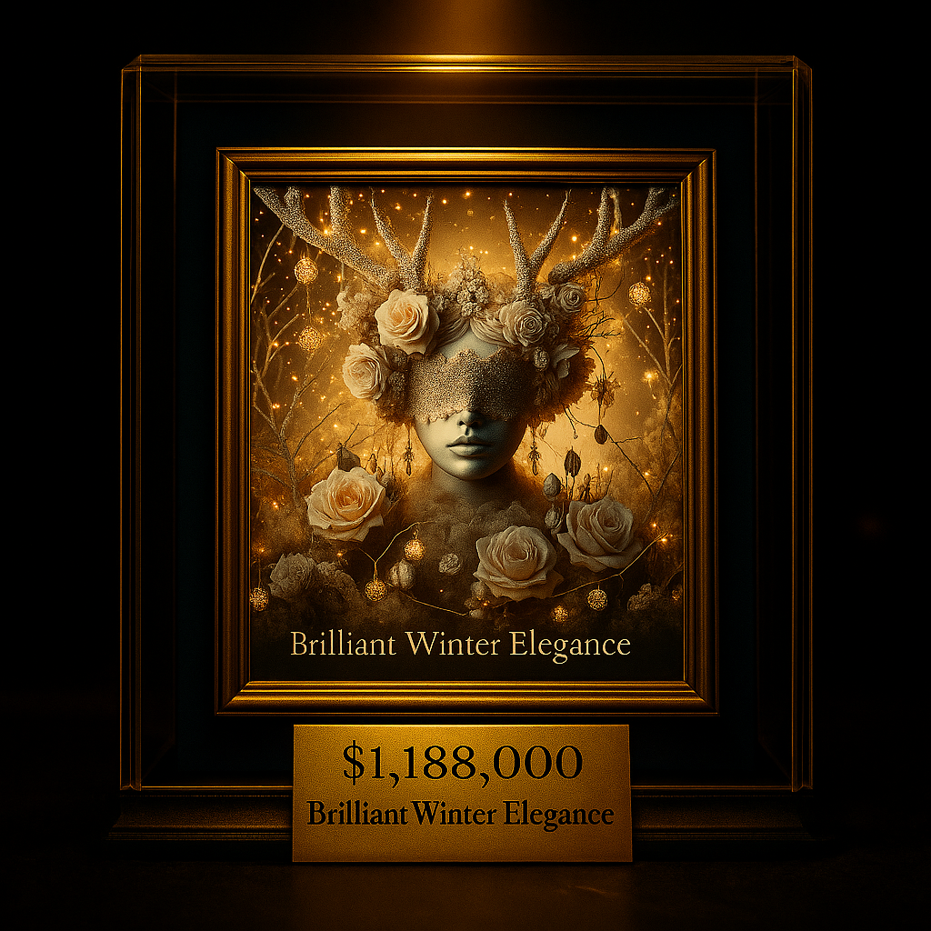 Brilliant Winter Elegance – Wenn der Zauber in Gold funkelt Porträt einer stilisierten Winterkönigin mit goldener Maske, Rosenkranz und glitzerndem Geweih, gerahmt in luxuriösem Glasrahmen mit Goldpreisschild. Preis ist verhandelbar.
