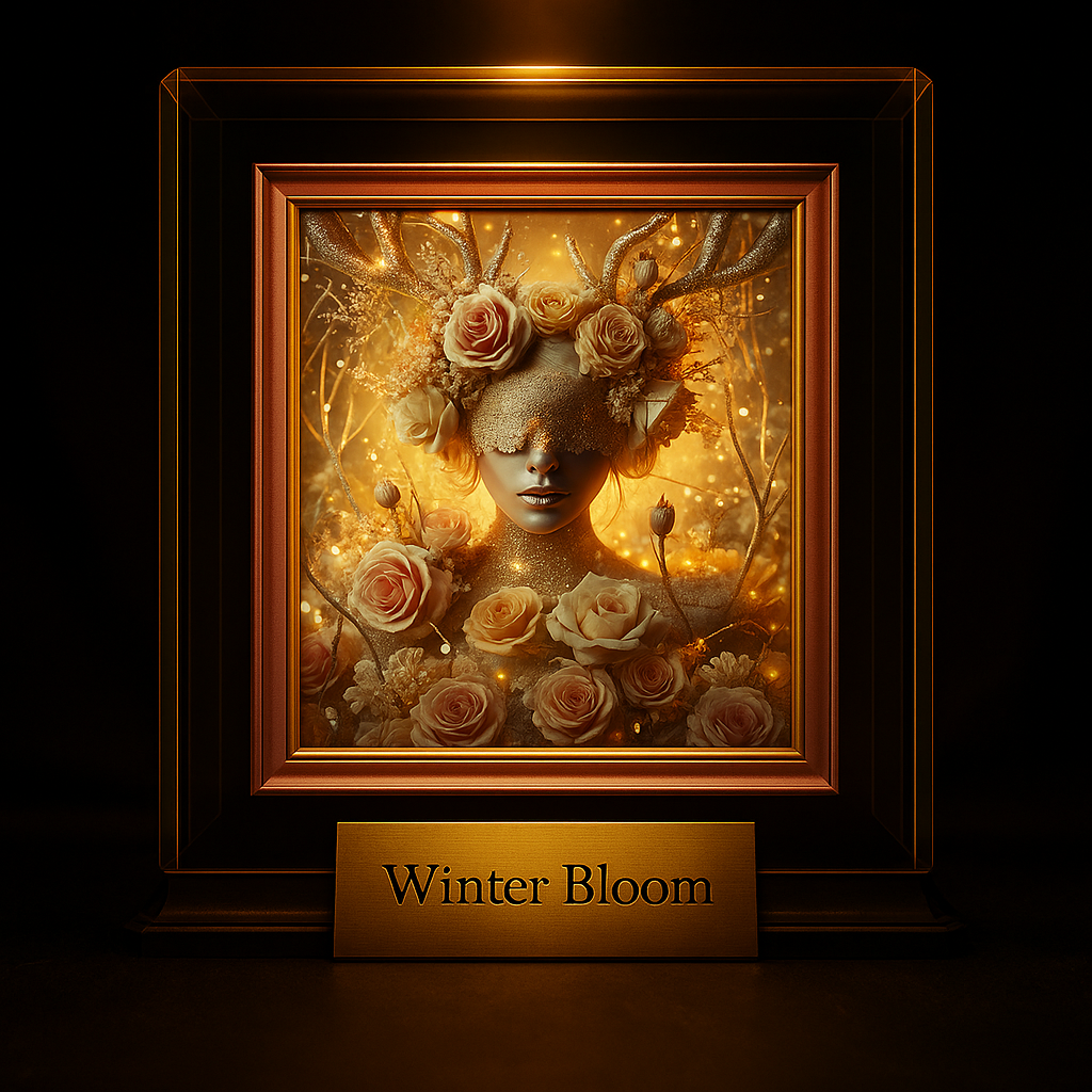 Frontalansicht des digitalen Kunstwerks „Winter Bloom“ in Roségoldrahmung, präsentiert in einer luxuriös beleuchteten Vitrine mit dunklem Hintergrund.