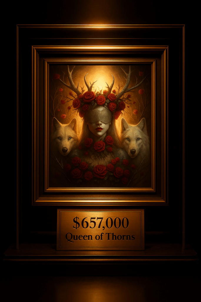 Mystische Queen of Thorns mit goldener Maske, von roten Rosen und weißen Wölfen flankiert, in exklusivem Goldrahmen präsentiert.