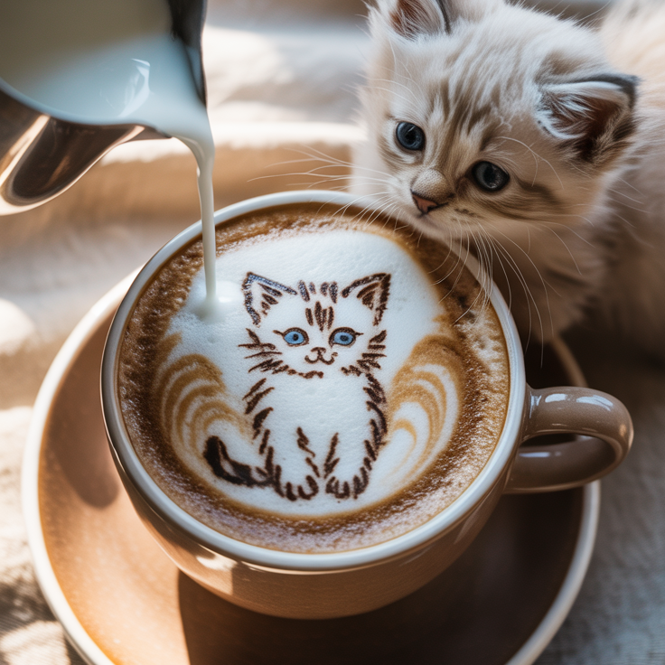 Latte Art mit Kätzchenmotiv in einer Cappuccinotasse, daneben sitzt ein neugieriges Kätzchen, während Milch in den Kaffee gegossen wird.