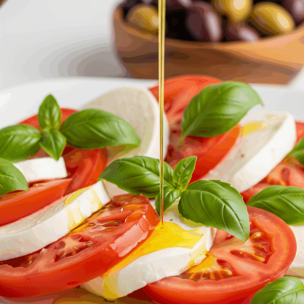 Nahaufnahme eines Caprese-Salats mit Tomaten, Mozzarella und Basilikum, übergossen mit Olivenöl, im Hintergrund eine Schale mit grünen und schwarzen Oliven.
