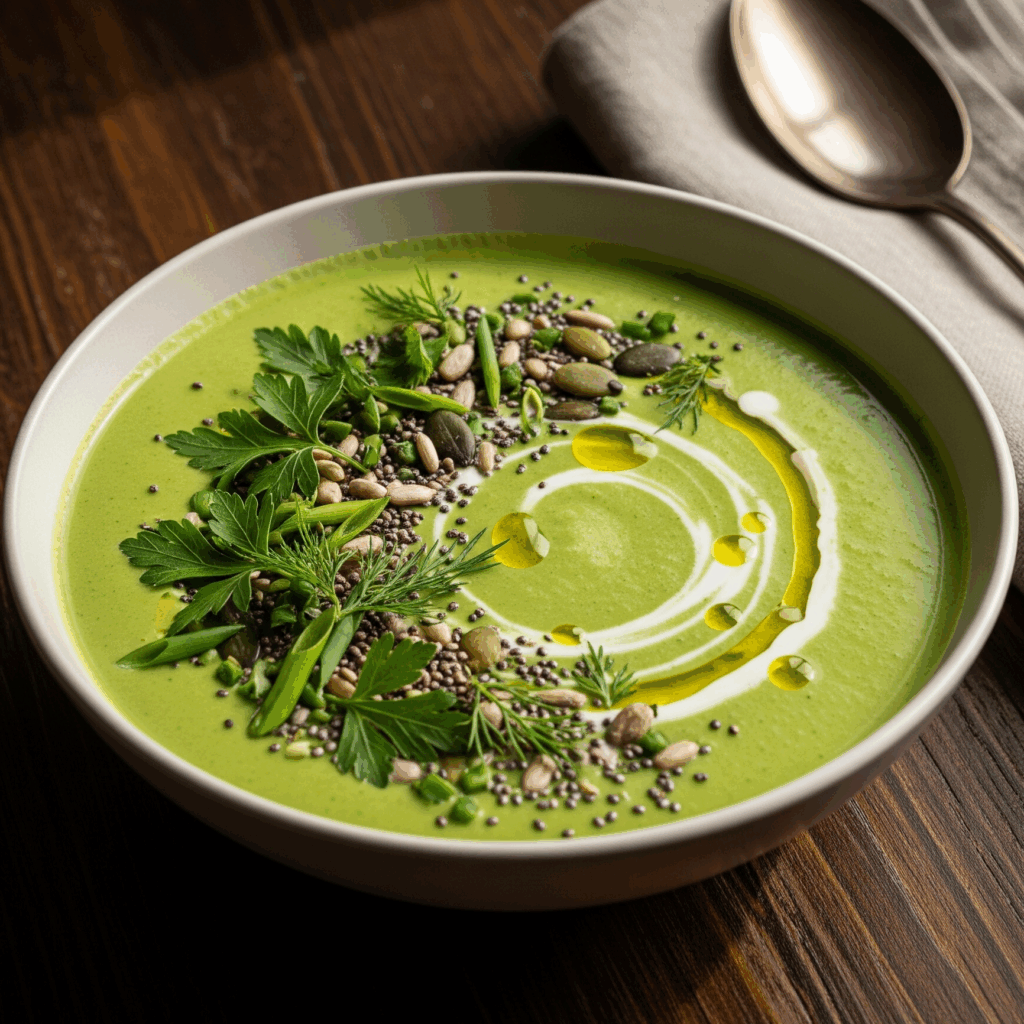 Nahaufnahme einer cremigen grünen Petersiliensuppe, garniert mit frischen Kräutern, Kernen, Samen, einem Sahnestrudel und Tropfen Olivenöl in einer weißen Schale auf Holztisch.