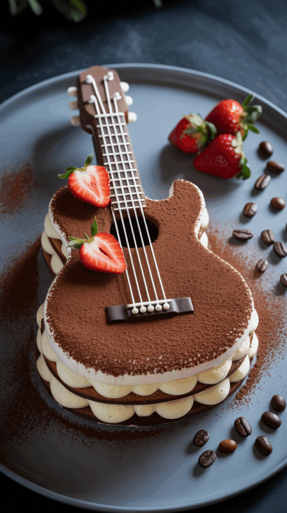 Kunstvoll gestaltete Tiramisu-Torte in Form einer Gitarre, dekoriert mit frischen Erdbeeren und Kaffeebohnen.