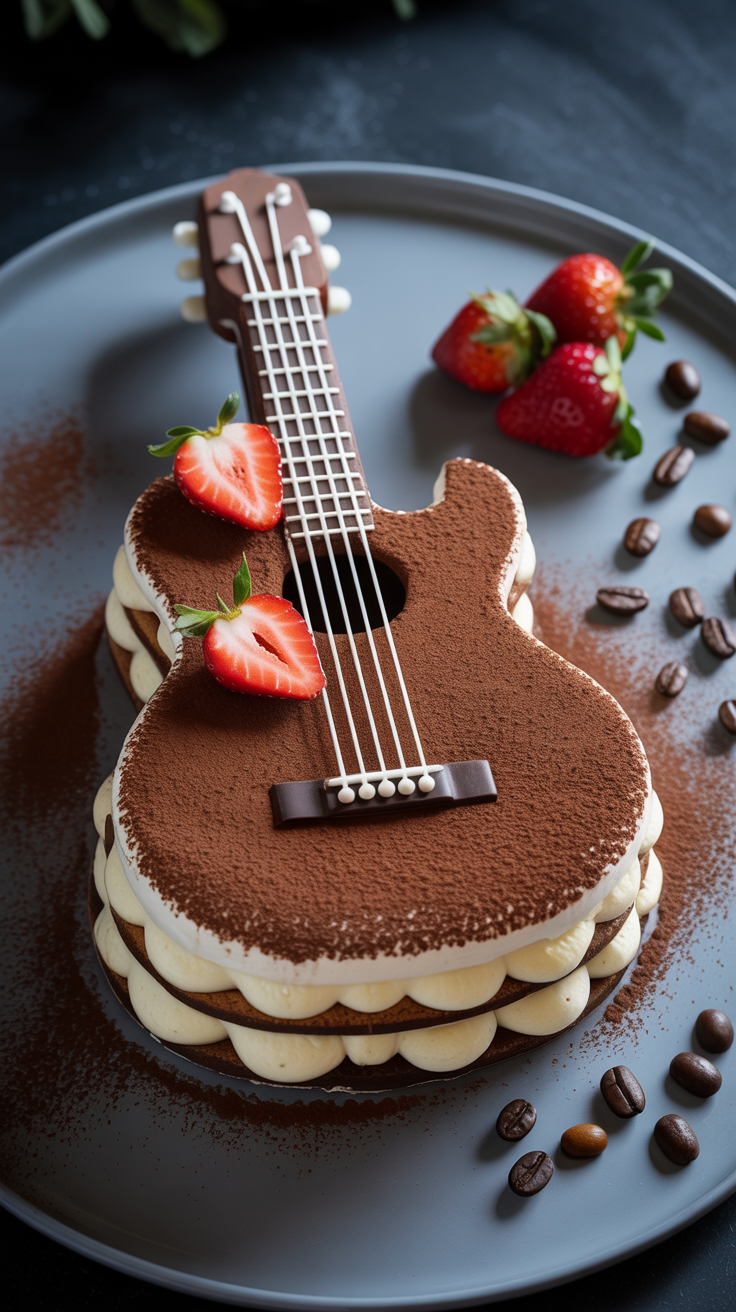 Fotorealistisches KI-Foodbild mit Dessert in Gitarrenform dekoriert mit frischen Erdbeeren und Kaffeebohnen.